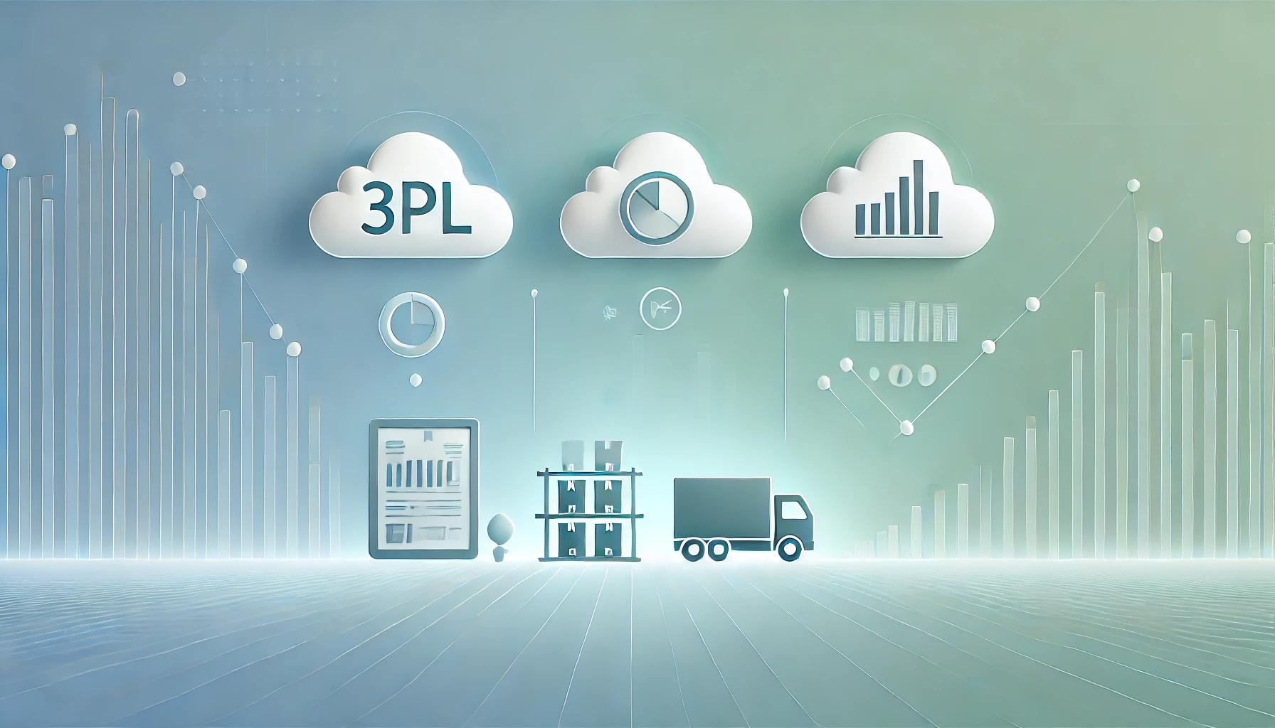 Illustration of a 3PL inventory management system with a warehouse, boxes, a shipping truck, and digital analytics elements, representing efficient logistics and inventory control.