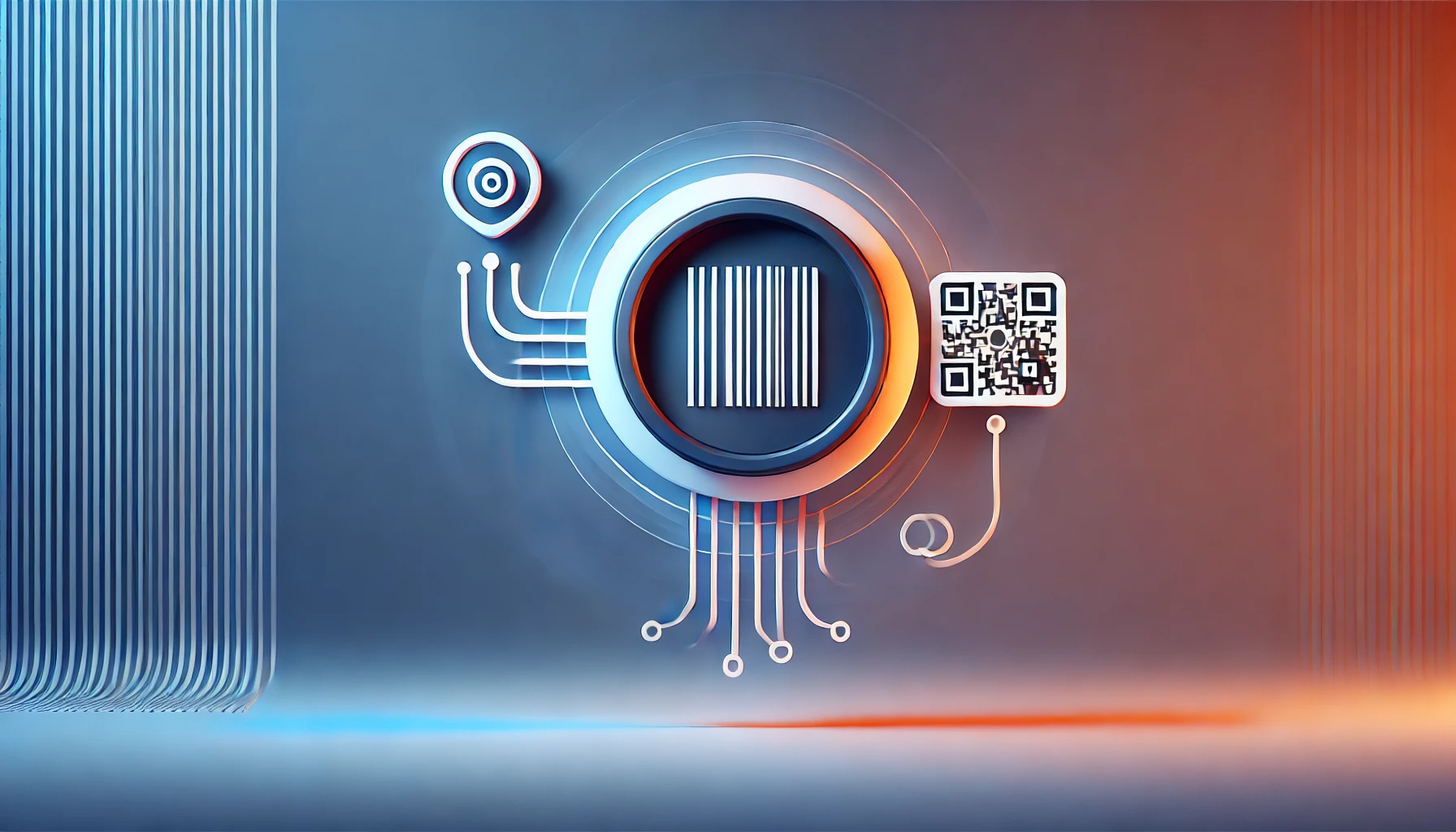 Illustration of an inventory tagging system featuring a barcode, RFID tag, and QR code icon, highlighting efficiency in inventory management.