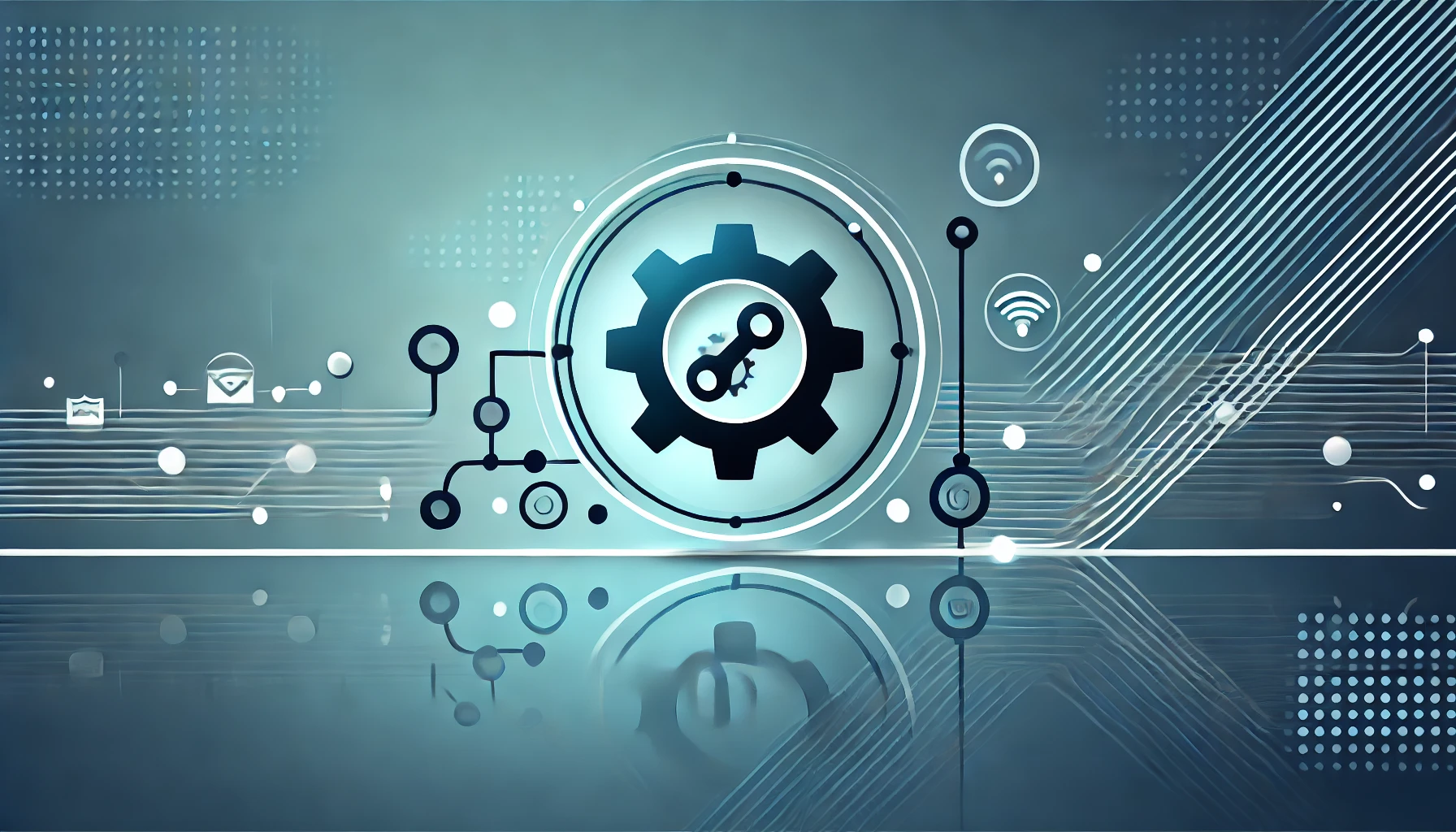 Minimalist illustration featuring IT infrastructure project management with network engineers, symbolized by a network icon and gear on a gradient background.