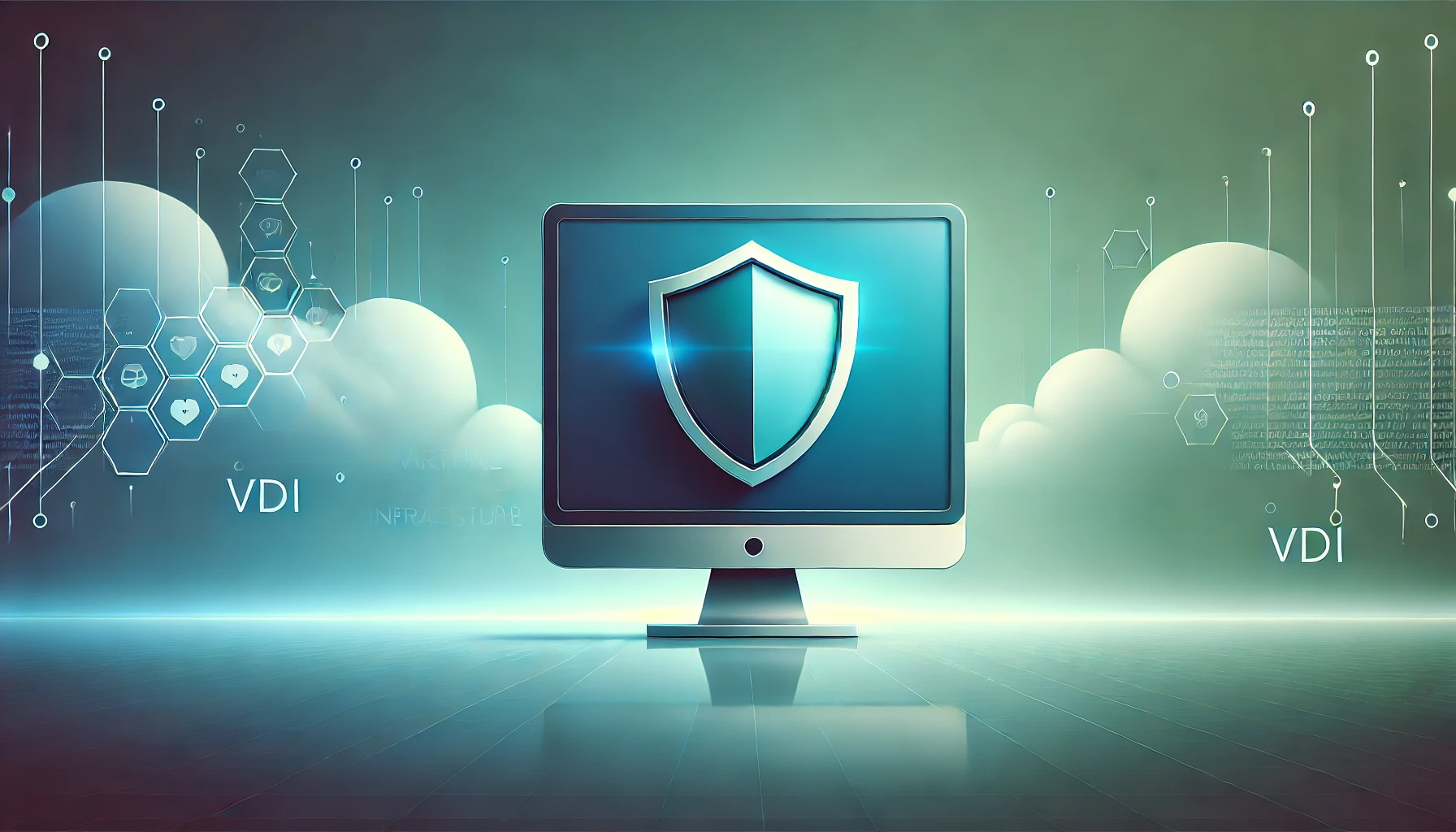 Illustration of Virtual Desktop Infrastructure (VDI) in cybersecurity, showcasing a desktop monitor with a shield icon against a gradient background, symbolizing secure remote work solutions.